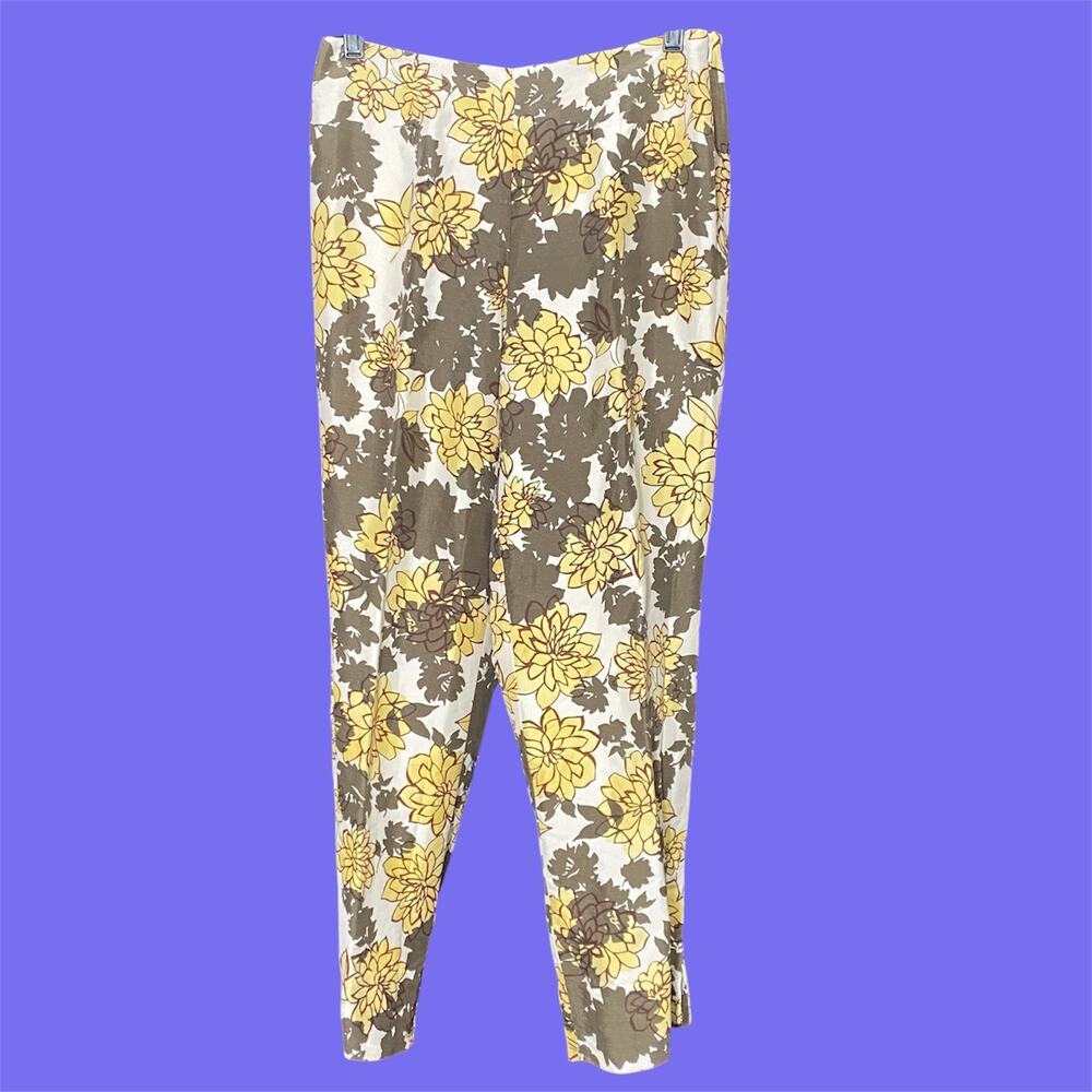 VINTAGE ALFANI 100% SILK CREAM YELLOW OLIVE WHITE FLORAL CIGARETTE PANTS SIZE 8!